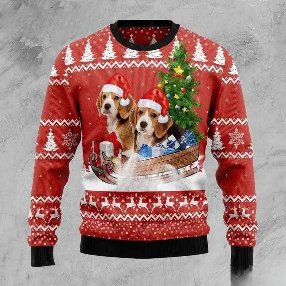 Beagle Dog Ugly Christmas Sweater, Two Beagles in Santa Hats on a Sleigh Hound Lover Holiday Sweater, Unisex Red Xmas Sweatshirt