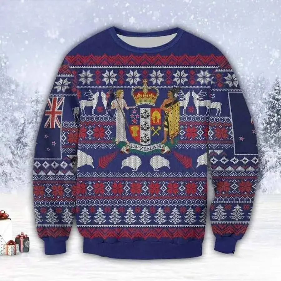 New Zealand Ugly Christmas Sweater, Coat of Arms with Kiwi Birds and Fern Holiday Sweater, Unisex Navy Knit Look Patriotic Xmas Sweatshirt