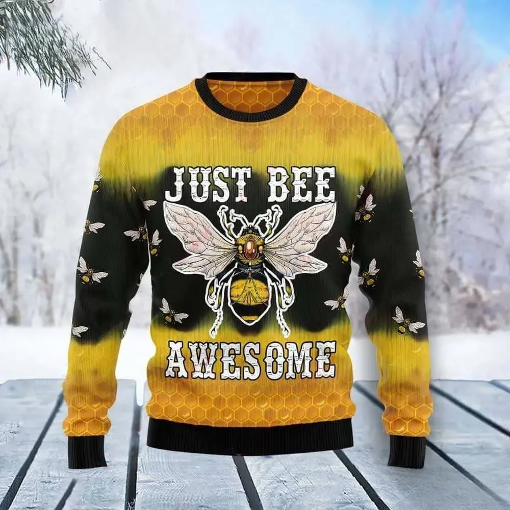Just Bee Awesome Ugly Christmas Sweater, Honeycomb Bumble Bee Beekeeper Holiday Sweater, Unisex Yellow Black All Over Print Xmas Sweatshirt