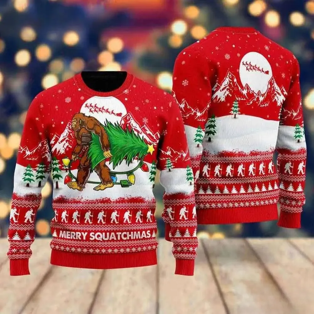 Bigfoot Merry Squatchmas Ugly Christmas Sweater, Sasquatch Carrying Christmas Tree Funny Cryptid Holiday Sweater, Unisex Red Xmas Sweatshirt