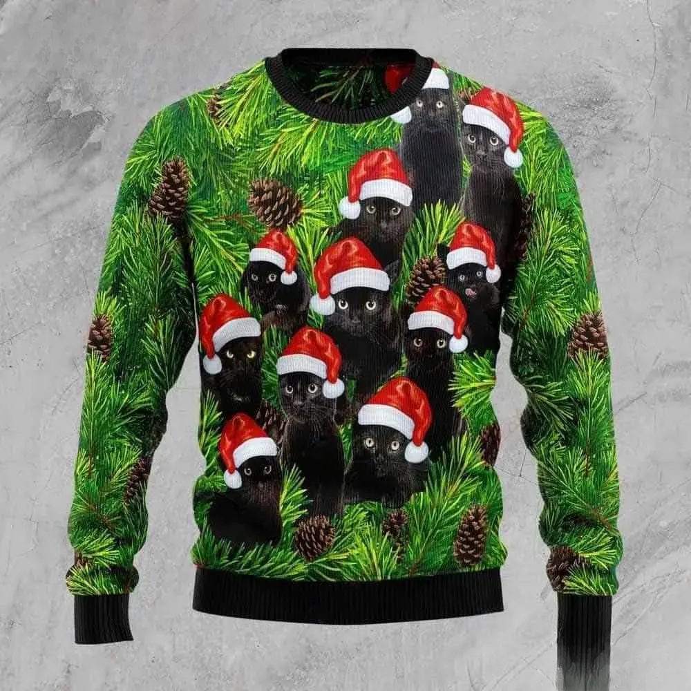 Black Cats Christmas Tree Ugly Sweater, Santa Hat Kitties in Pine Branches Cat Lover Holiday Sweater, Unisex All Over Print Xmas Sweatshirt