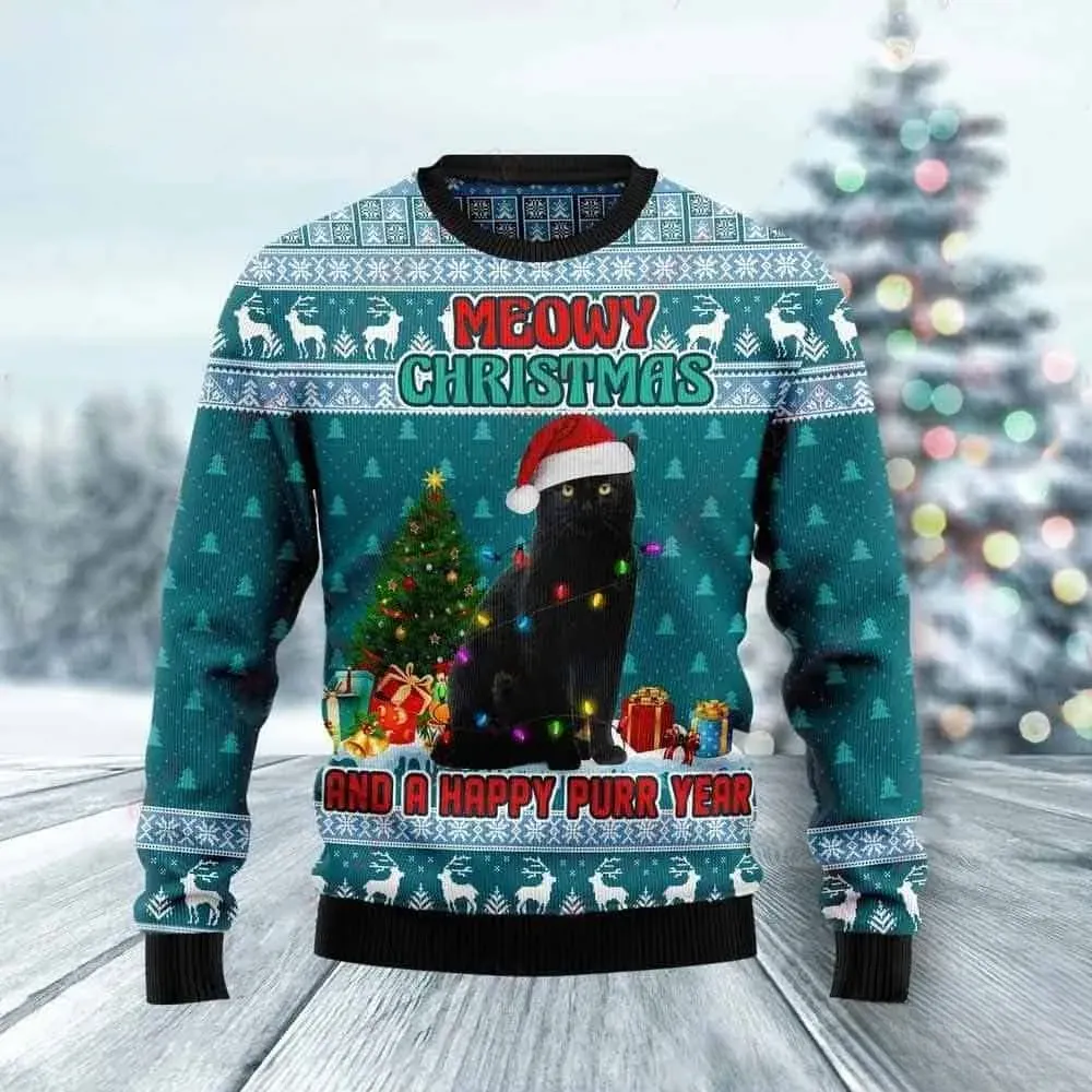 Black Cat Meowy Christmas Ugly Sweater, Meowy Christmas And A Happy Purr Year Holiday Sweater, Unisex Teal Xmas Sweatshirt for Cat Lovers