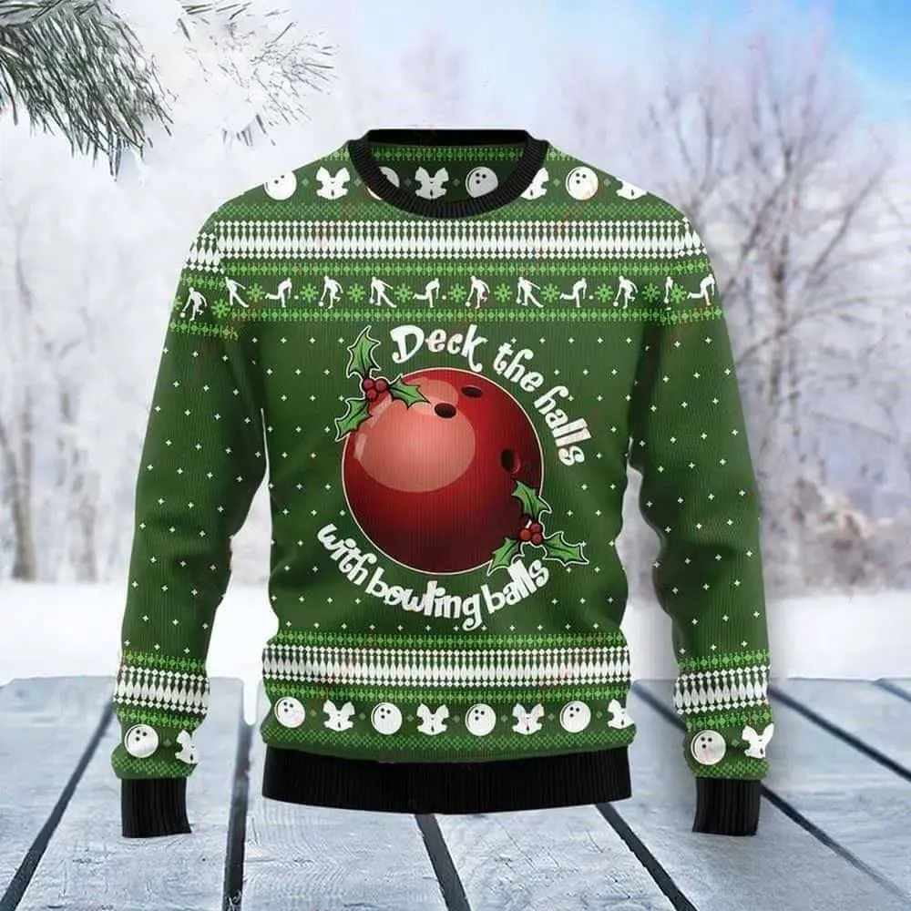 Bowling Ball Christmas Ugly Sweater, Deck The Halls With Bowling Balls Holiday Sweater, Green Unisex All Over Print Xmas Sweatshirt for Bowlers