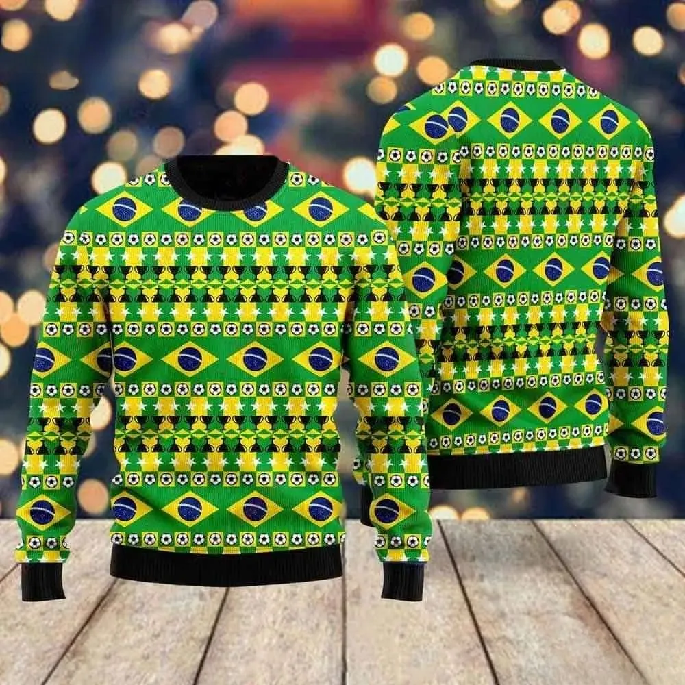Brazil Football Cup Ugly Sweater, Green Yellow Brazilian Flag Soccer Christmas Sweater, Unisex All Over Print Xmas Sweatshirt for Futebol Fans