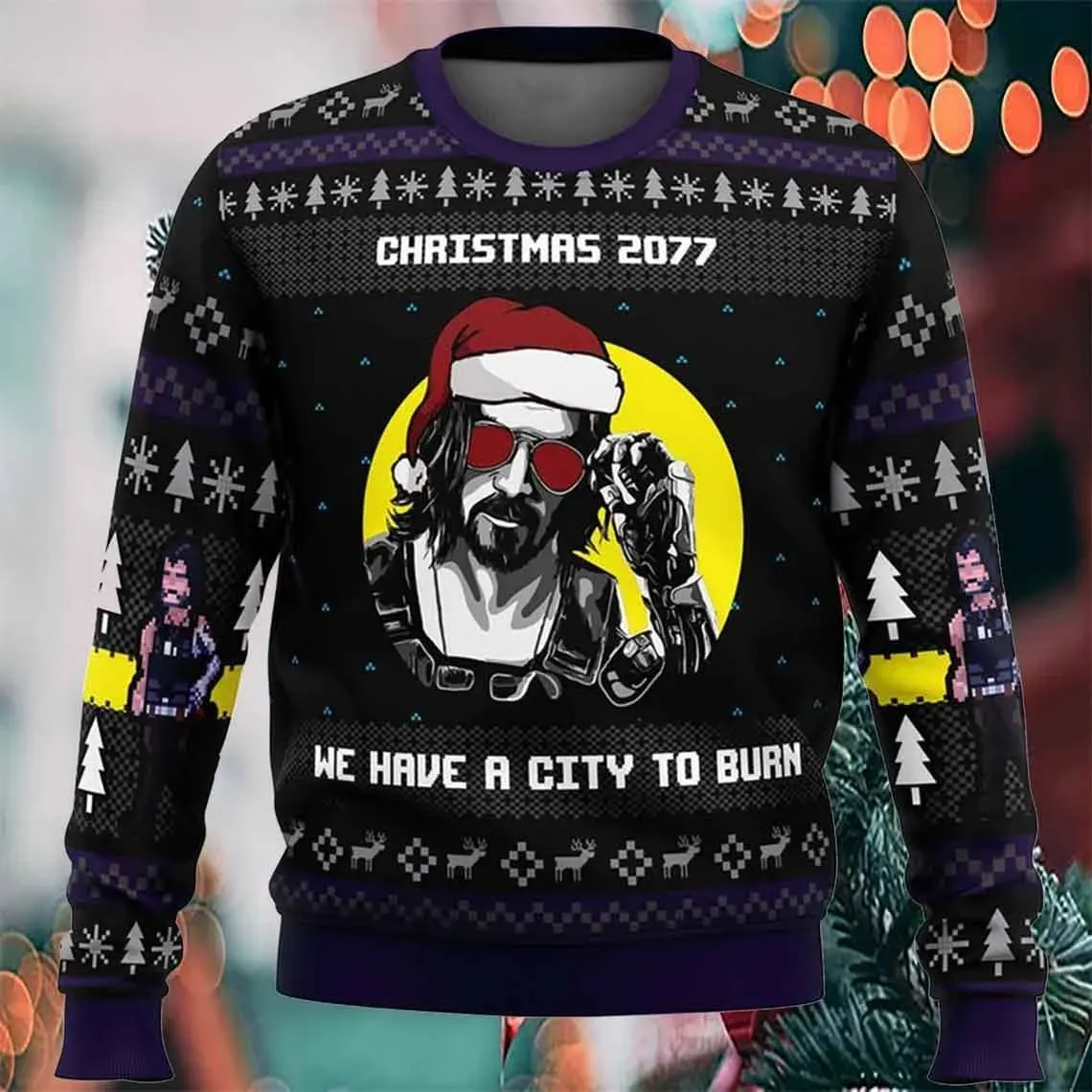 Keanu Reeves We Have A City To Burn Ugly Christmas Sweater, Christmas 2077 Holiday Sweater, Xmas Sweater for Keanu Fans