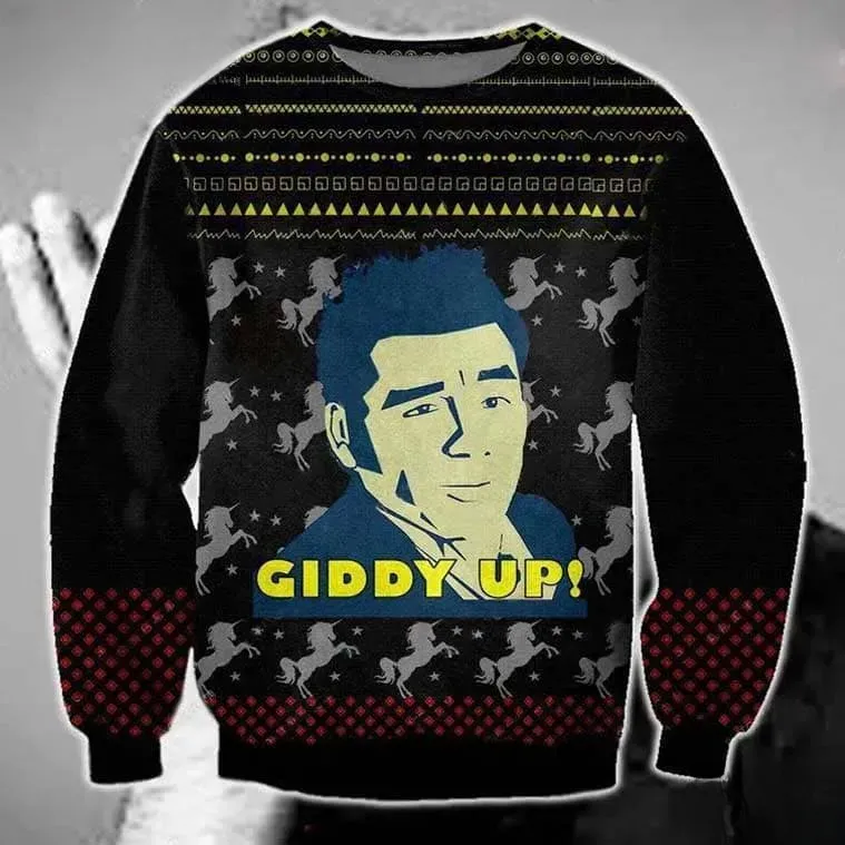 Cosmo Kramer Giddy Up Ugly Sweater, Seinfeld Christmas Holiday Sweater with Unicorns, Unisex All Over Print Xmas Sweatshirt for 90s Sitcom Fans