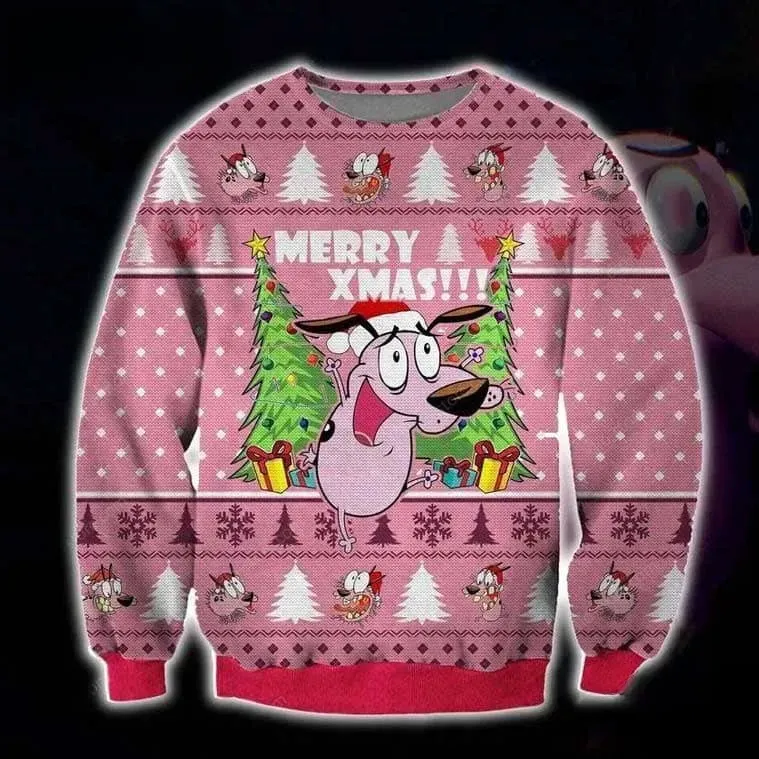 Courage The Cowardly Dog Ugly Christmas Sweater, Pink Merry Xmas Cartoon Holiday Sweater, Unisex All Over Print Sweatshirt for Toon Fans