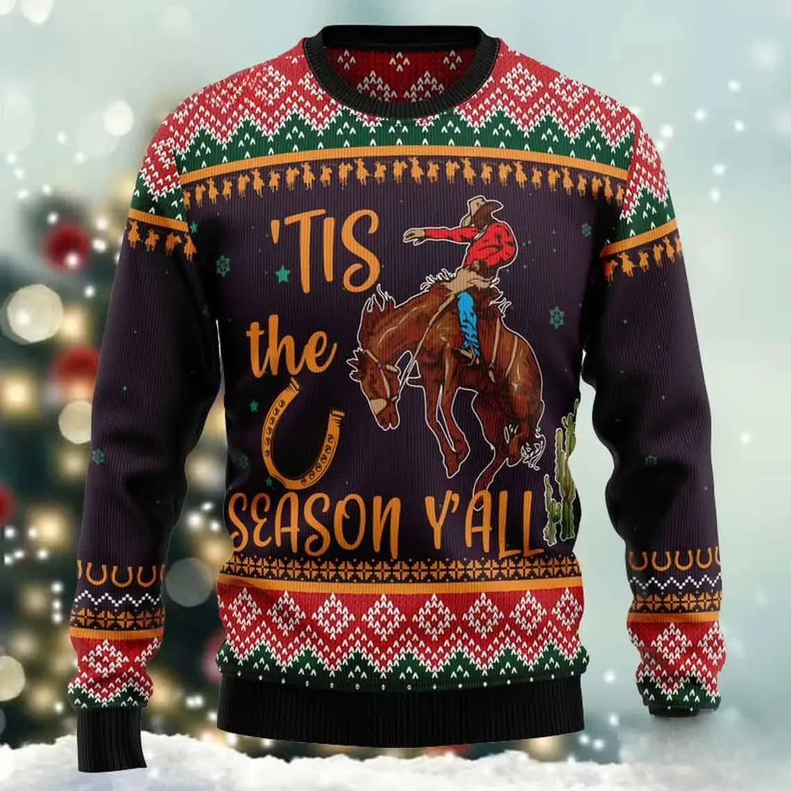 Cowboy Tis The Season Y'all Ugly Christmas Sweater, Bronc Rider Western Holiday Sweater, Rodeo Country Xmas Sweatshirt for Horse Lovers