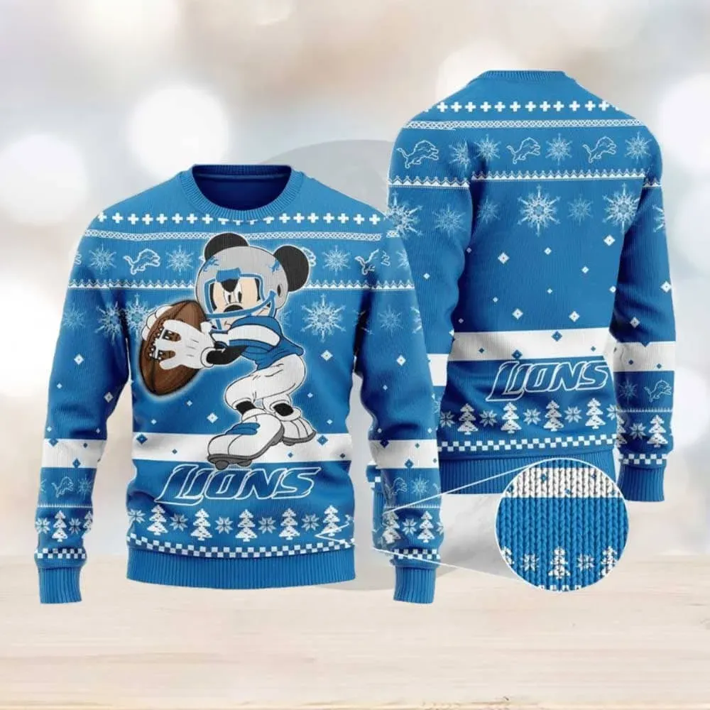 Detroit Lions Mickey Mouse Ugly Sweater, NFL Football Mickey Christmas Holiday Sweater, Honolulu Blue Xmas Sweatshirt for Game Day