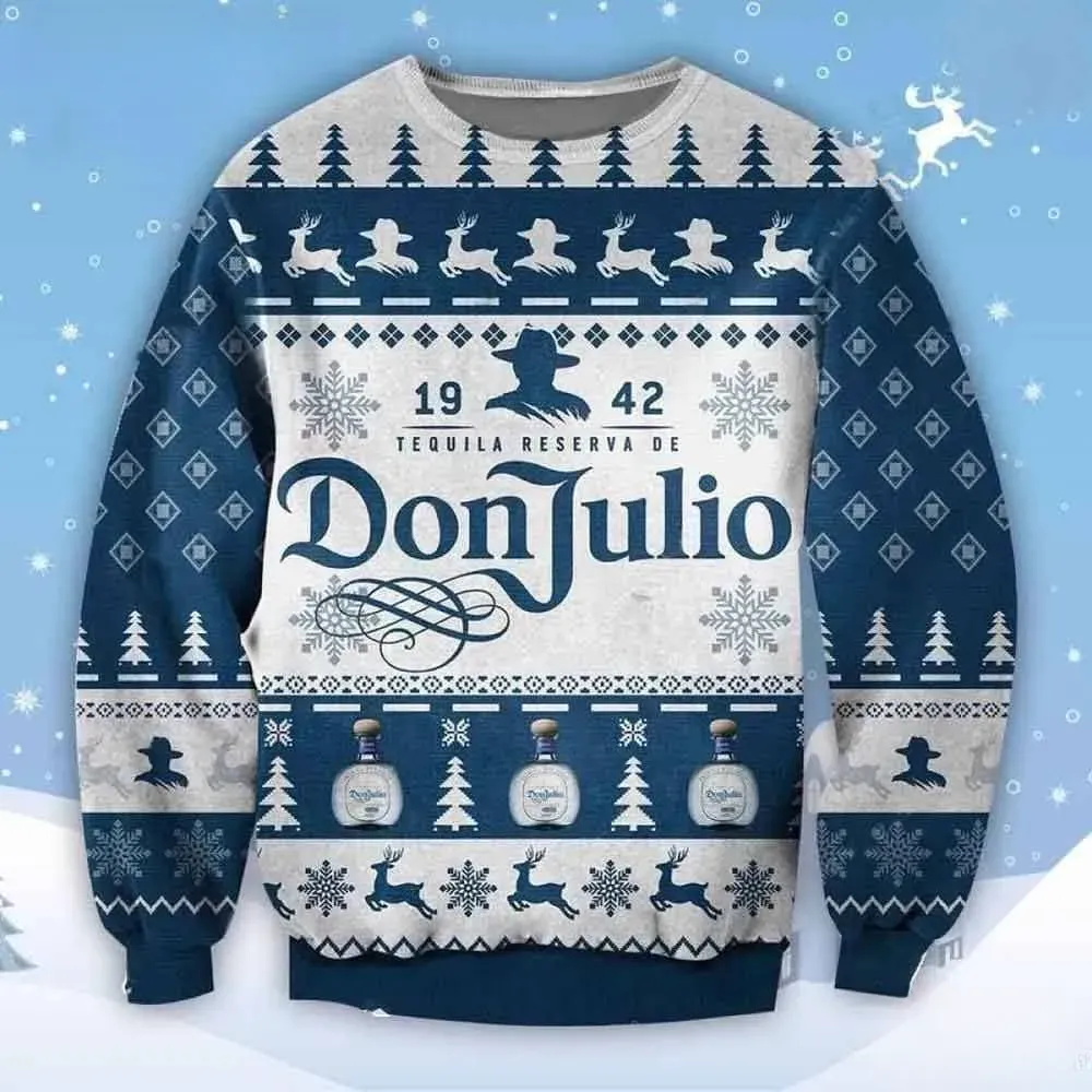 Don Julio Tequila Christmas Ugly Sweater, Navy and White Tequila Lover Holiday Sweater, Funny Liquor Xmas Party Sweatshirt for Him