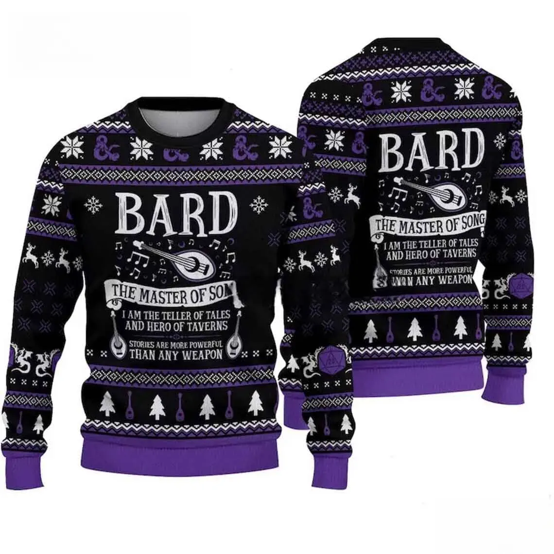Bard The Master Of Song DnD Game Ugly Sweater, Dungeons And Dragons Class Christmas Holiday Sweater, Purple Xmas Sweater for Tabletop RPG Players