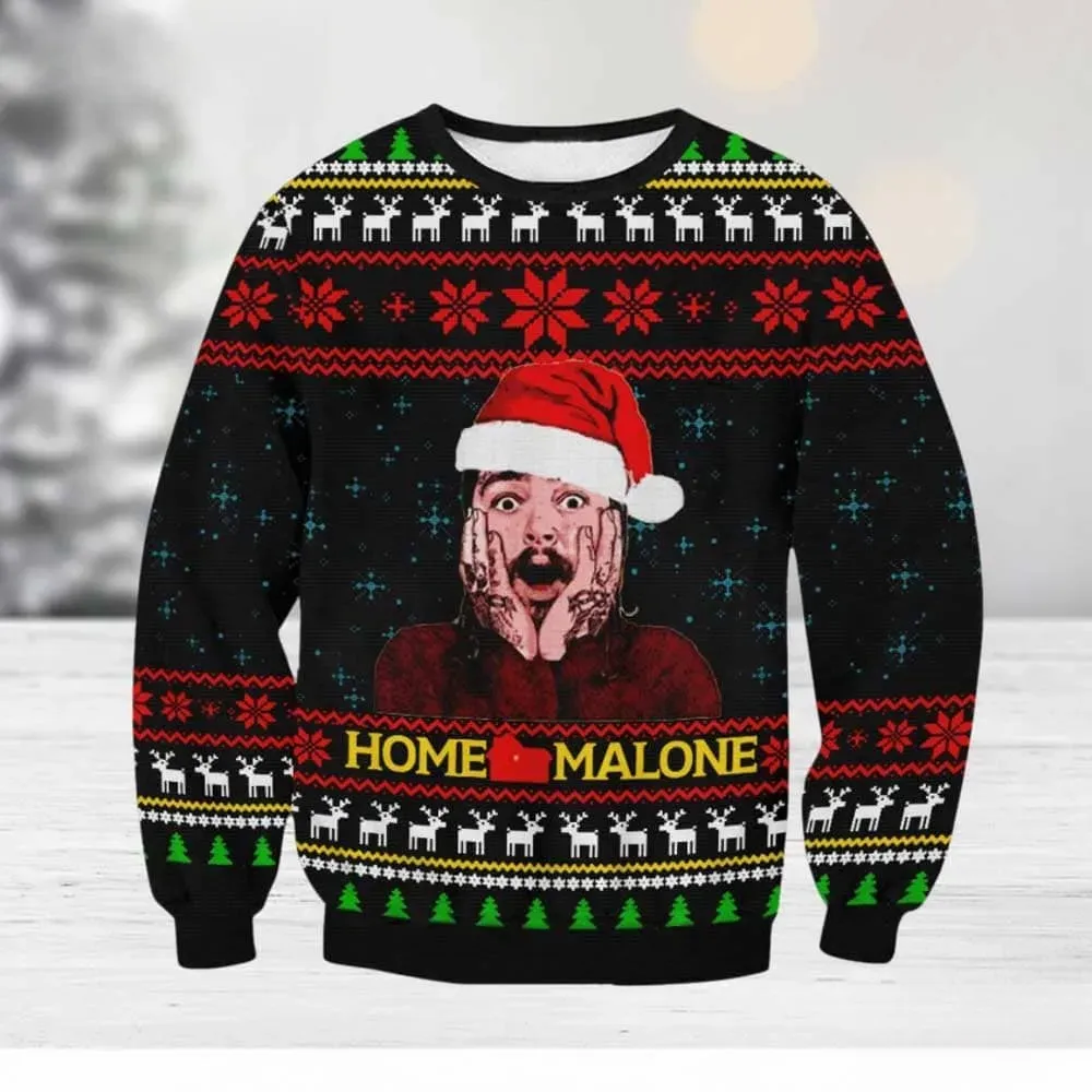 Post Malone Home Alone Ugly Christmas Sweater, Funny Rapper Parody Holiday Sweater, Black Xmas Party Sweatshirt for Posty Fans