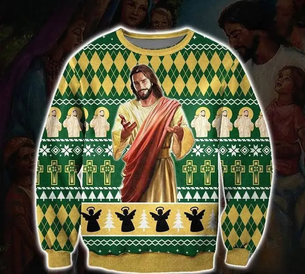 Jesus Pine Tree Ugly Sweater, Christian Christmas Holiday Sweater, Green and Gold Argyle Xmas Sweatshirt, Faith Church Party Sweater