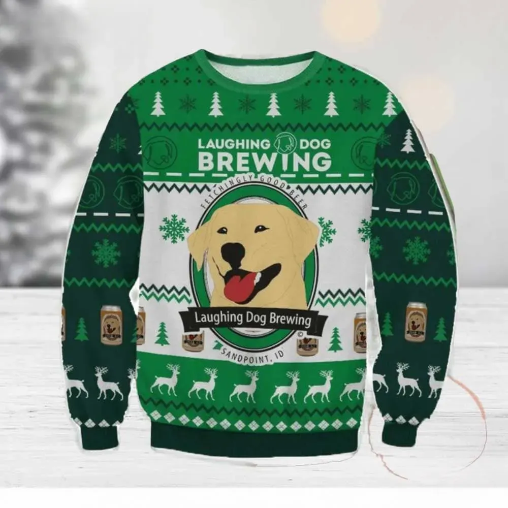 Laughing Dog Brewing Ugly Christmas Sweater, Golden Lab Beer Holiday Sweater, Green Craft Brewery Xmas Sweatshirt for Dog Lovers