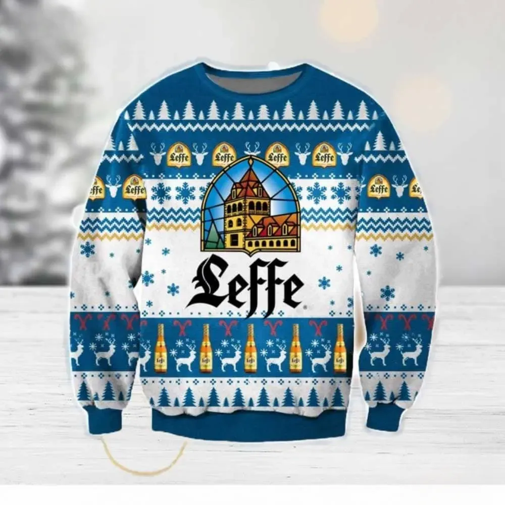 Leffe Beer Ugly Christmas Sweater, Belgian Beer Lover Holiday Sweater, Unisex All Over Print Xmas Party Sweatshirt