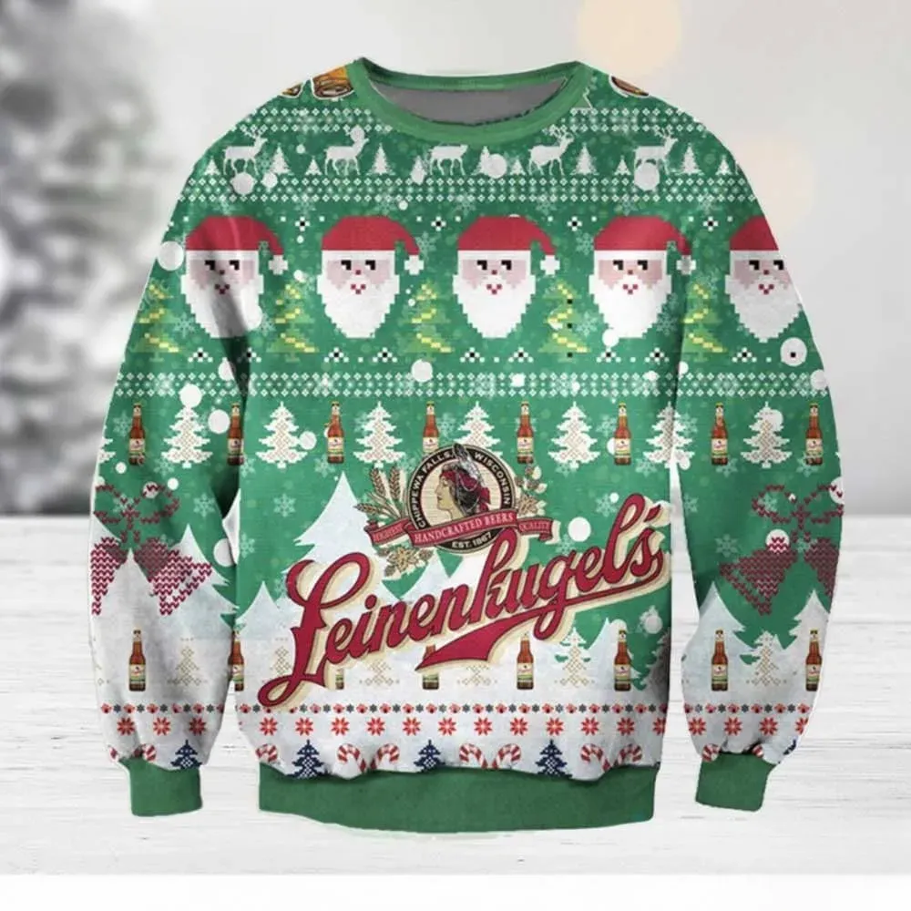 Leinenkugel's Ugly Christmas Sweater, Santa Face and Beer Bottle Holiday Sweater, Green Craft Beer Lover Xmas Party Sweatshirt