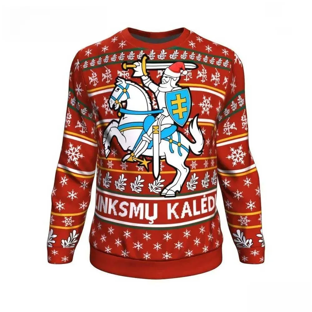 Lithuania Linksmu Kaledu Christmas Ugly Sweater, Lithuanian Vytis Knight Holiday Sweater, Red Heritage Xmas Sweatshirt for Family
