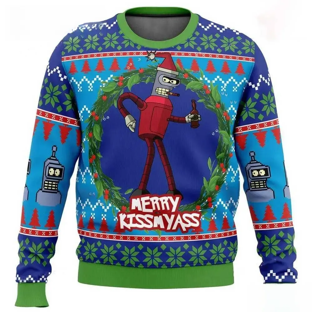 Bender Futurama Merry Kissmyass Ugly Christmas Sweater, Funny Cartoon Holiday Sweater, Xmas Sweater for Futurama Fans