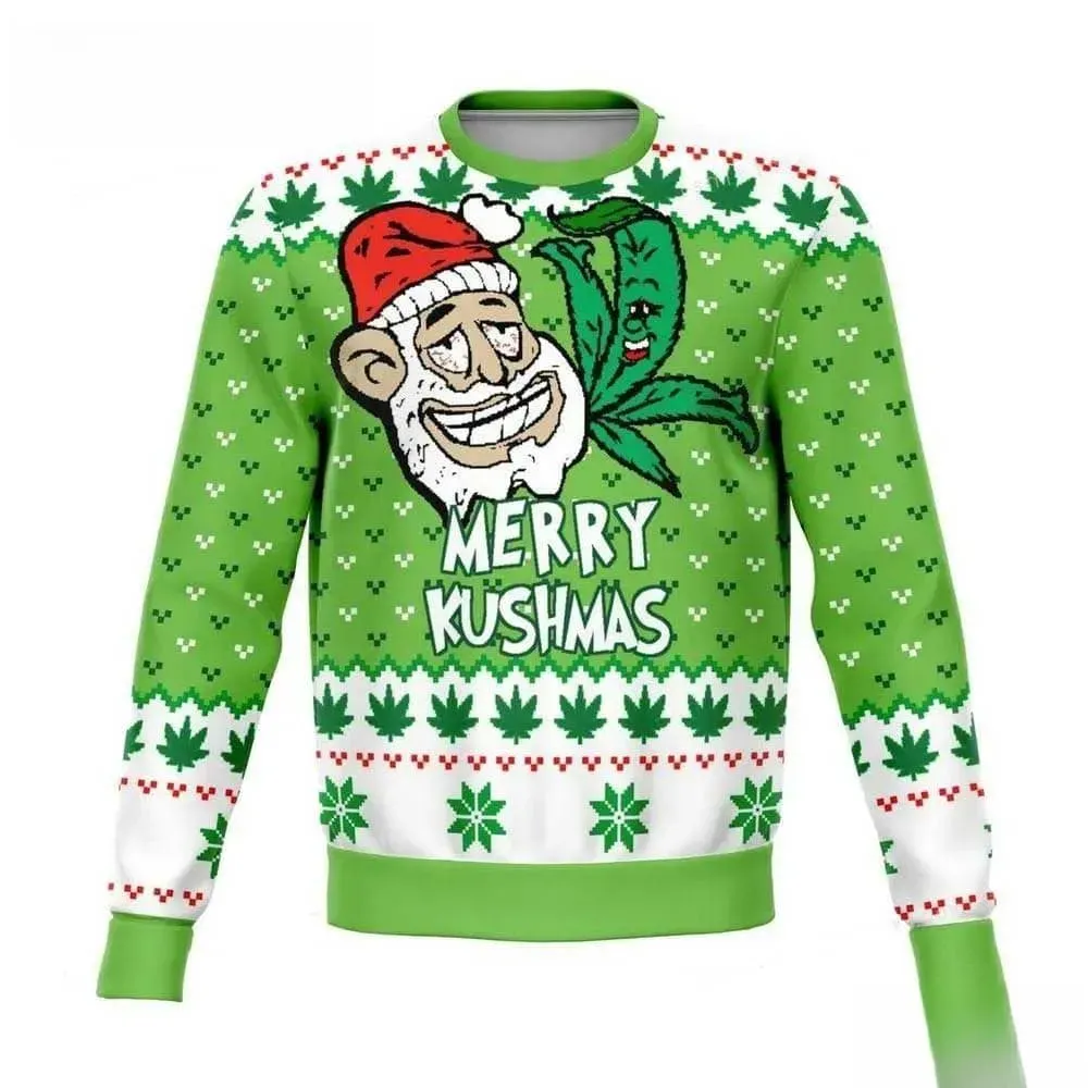 Merry Kushmas Weed Ugly Sweater, Funny Stoner Santa Christmas Holiday Sweater, Green Cannabis Leaf Xmas Sweatshirt for 420 Fans