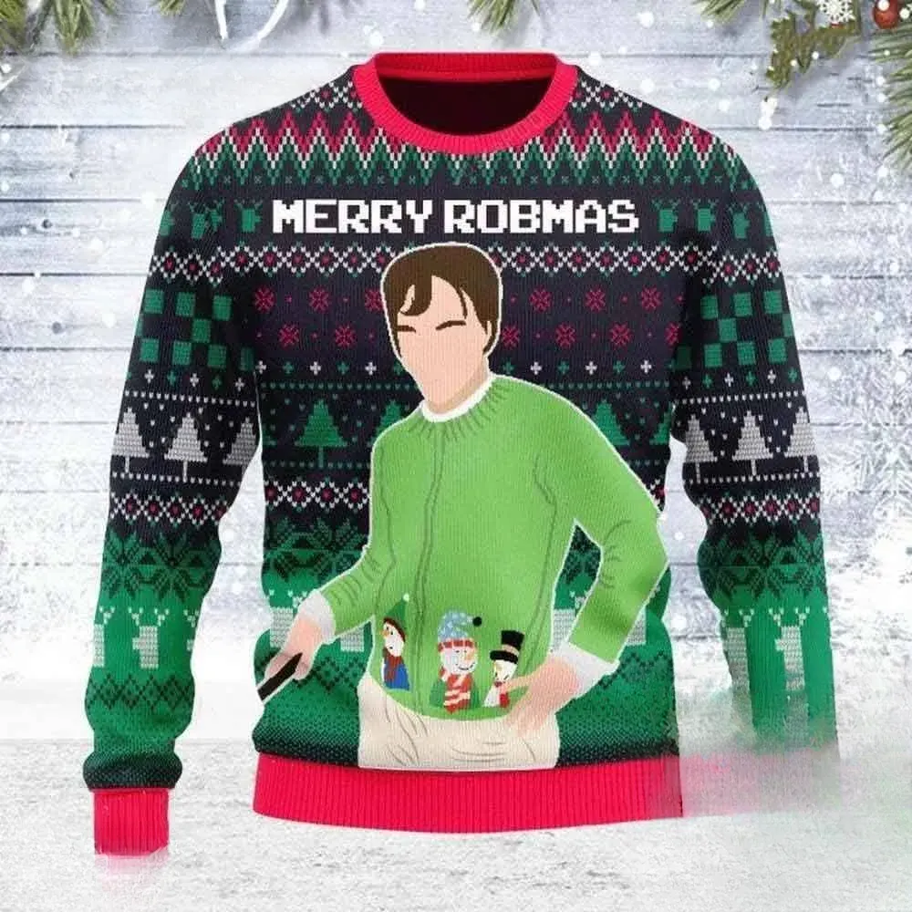 Robert Pattinson Merry Robmas Ugly Sweater, Funny Celebrity Meme Christmas Holiday Sweater, Green Xmas Party Sweatshirt for Rob Fans