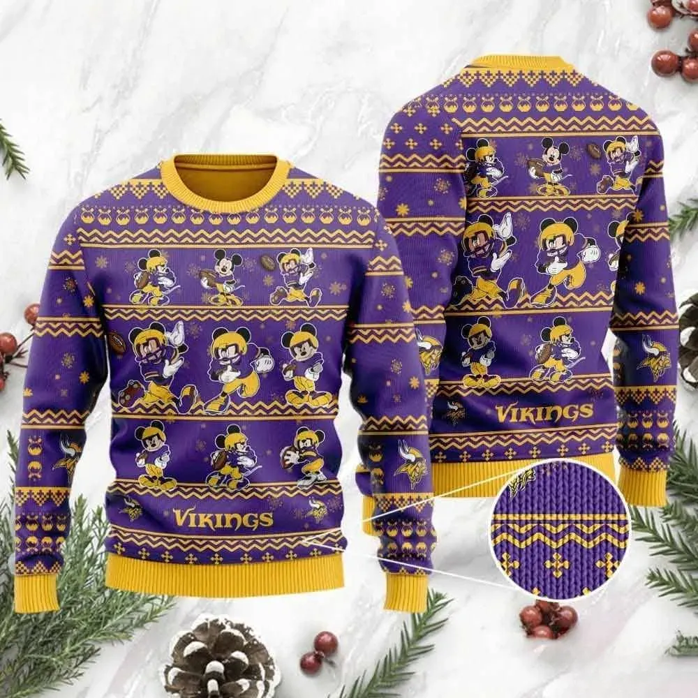 Minnesota Vikings Mickey Mouse Ugly Sweater, NFL Football Mickey Christmas Holiday Sweater, Purple and Gold Xmas Sweater for Vikings Fans