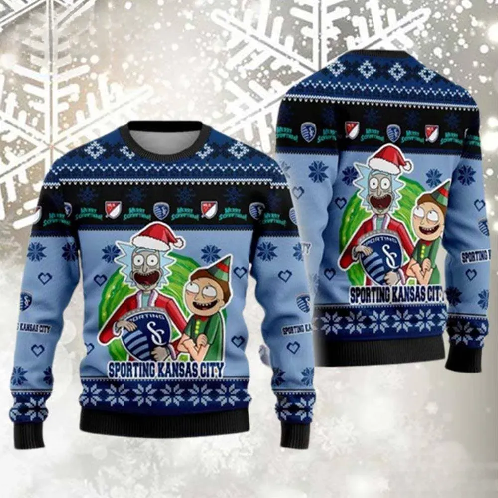 Sporting Kansas City Rick And Morty MLS Ugly Sweater, Santa Rick and Elf Morty Soccer Holiday Sweater, Xmas Sweater for SKC Supporters