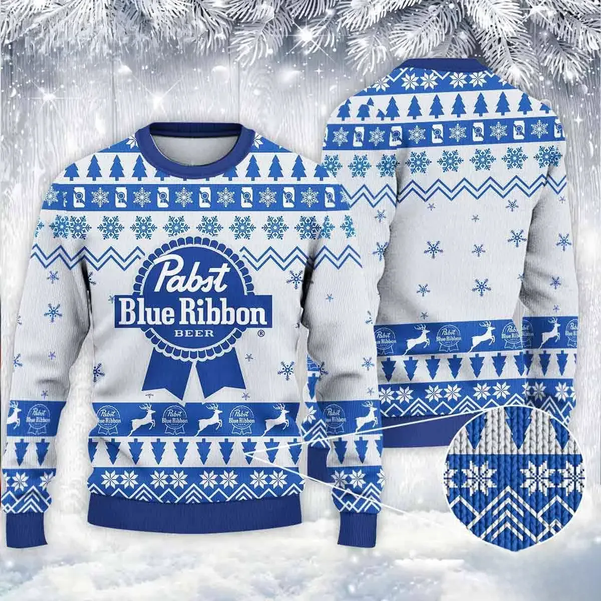 Pabst Blue Ribbon PBR Beer Christmas Ugly Sweater, Blue and White Beer Lover Holiday Sweater, Funny Unisex Xmas Party Sweatshirt for Dad