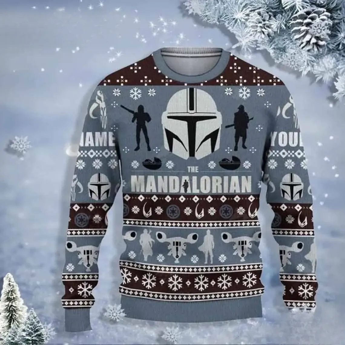 The Mandalorian Personalized Ugly Sweater, Custom Name Mando Helmet Christmas Holiday Sweater, Star Wars Fan Xmas Sweatshirt