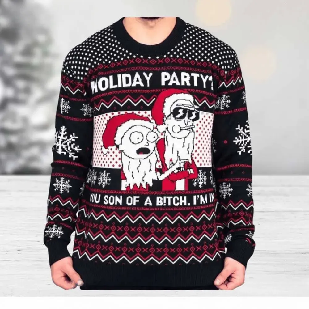 Rick And Morty Holiday Party Christmas Ugly Sweater, Santa Rick and Morty Funny Quote Holiday Sweater, Black Xmas Sweater for Cartoon Fans