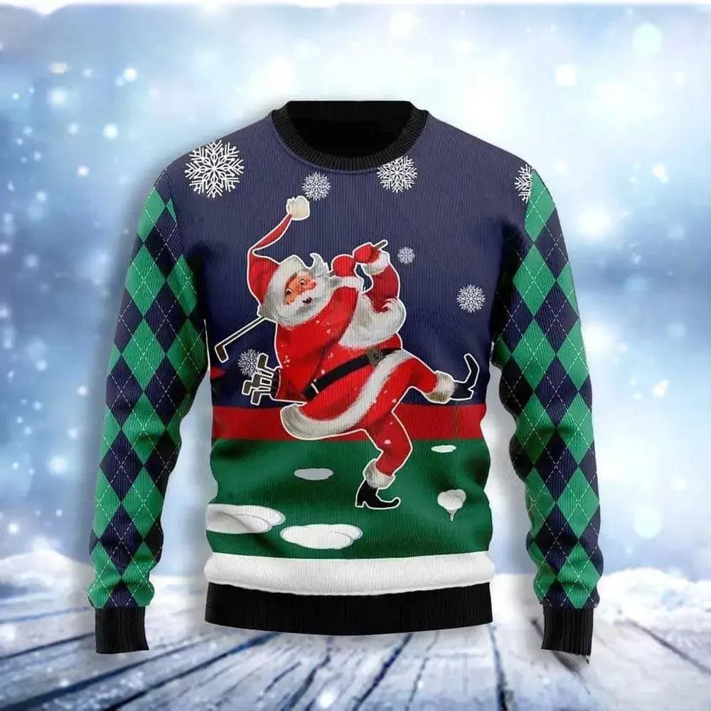 Golfing Santa Golfer Ugly Christmas Sweater, Funny Golf Lover Holiday Sweater, Argyle Sleeve Xmas Sweater for Golfers
