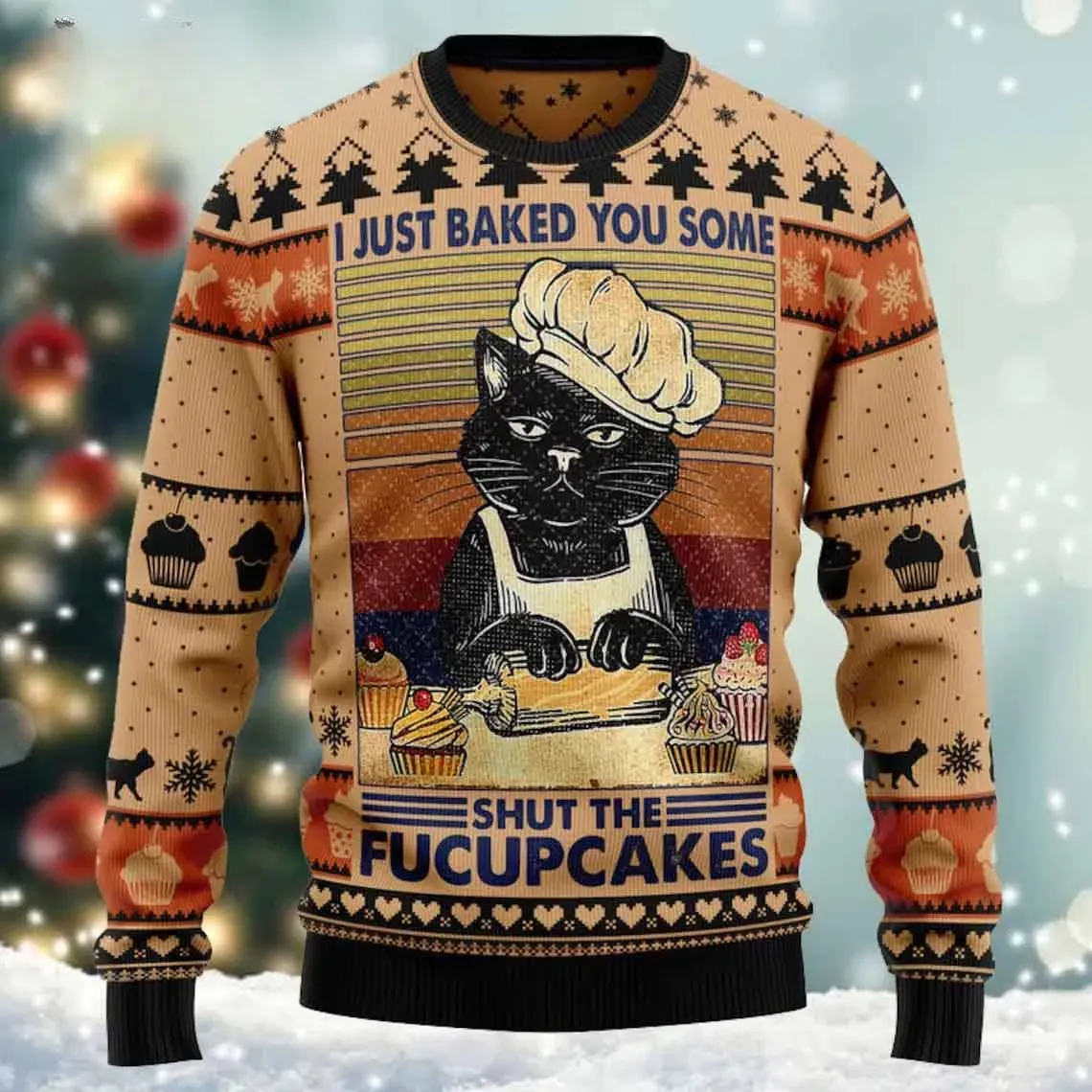 Shut The Fucupcakes Cat Christmas Ugly Sweater, Funny Black Cat Baker Holiday Sweater, Cupcake and Baking Lover Xmas Party Sweater