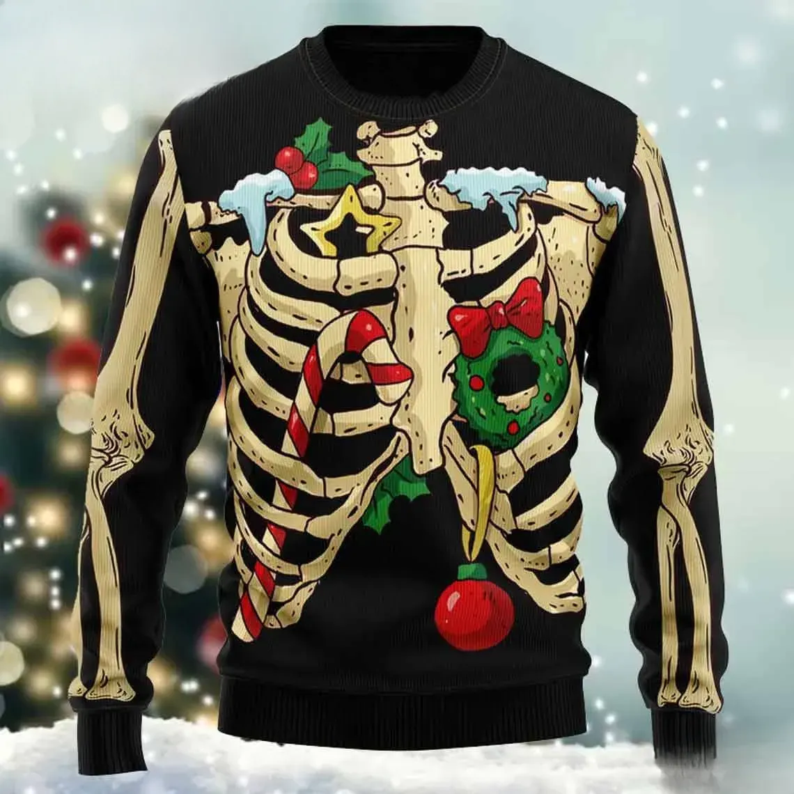 Skeleton Christmas Ugly Sweater, Funny Bones Ribcage with Candy Cane and Wreath, Dead Inside Holiday Sweatshirt, Unisex Xmas Party Jumper