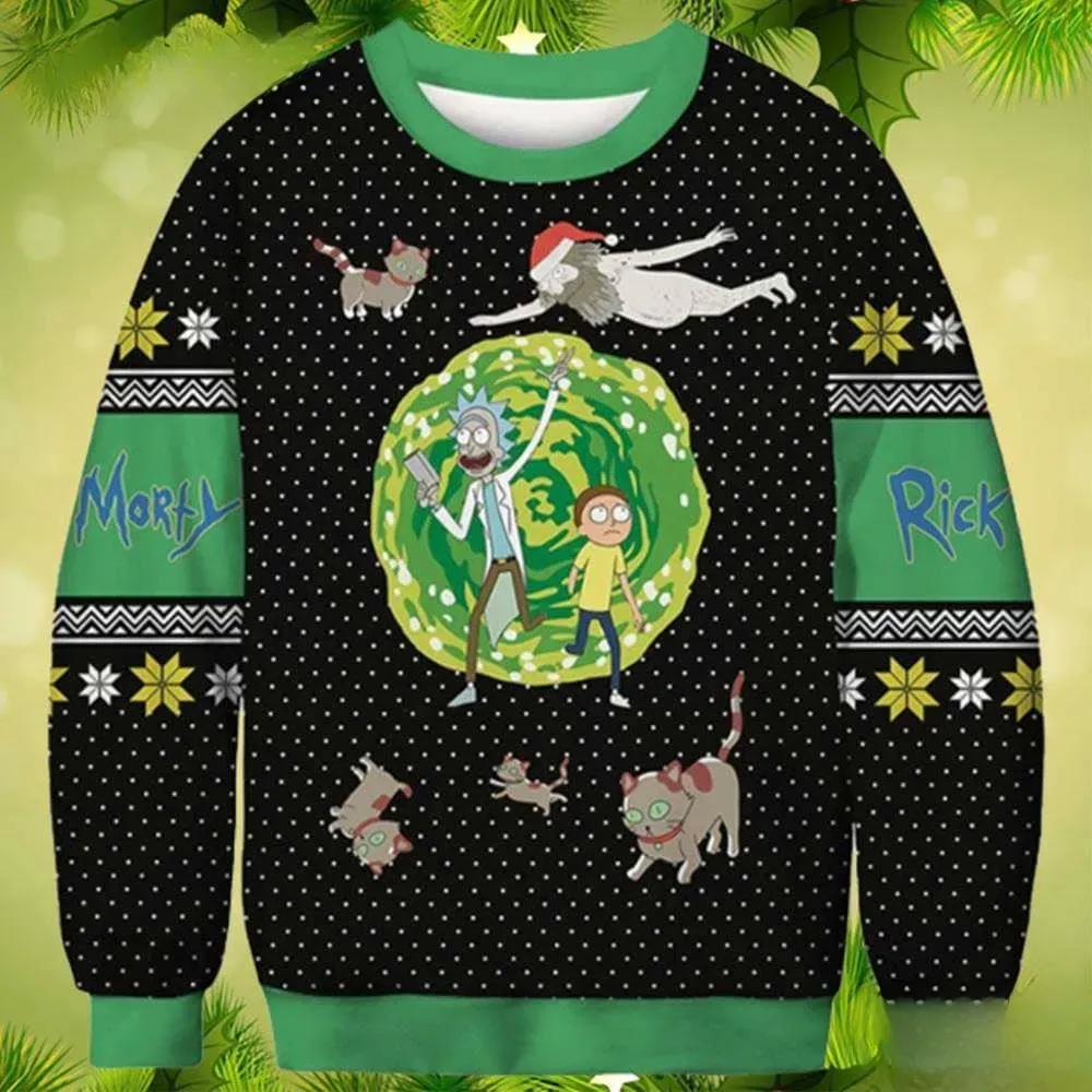 Rick And Morty Cartoon Network Ugly Sweater, Green Portal Christmas Sweater, Animated Sci-Fi Series Holiday Sweatshirt, Unisex Xmas Jumper