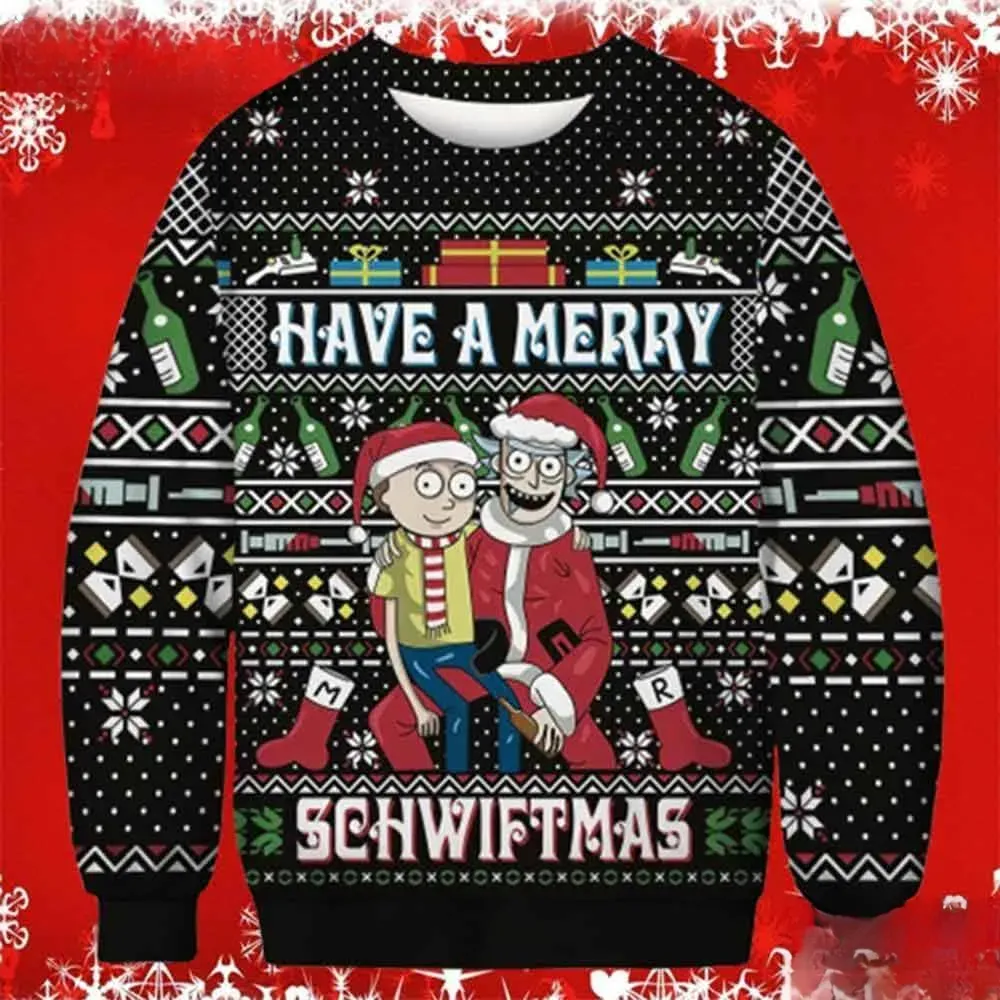 Rick And Morty Merry Schwiftmas Ugly Sweater, Santa Hat Cartoon Duo Christmas Sweater, Animated Sci-Fi Fan Holiday Sweatshirt, Unisex Xmas Jumper