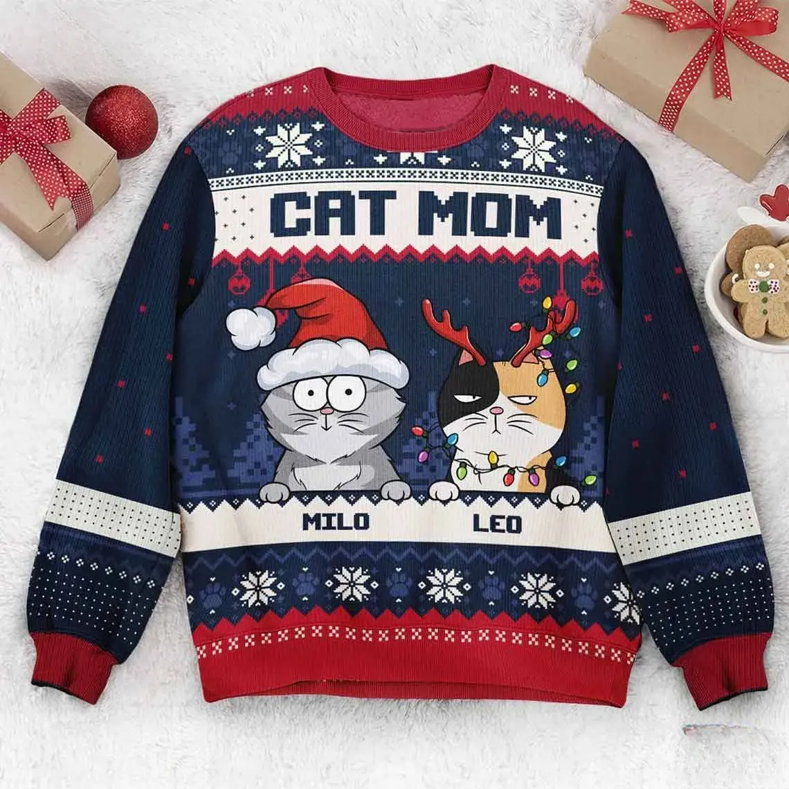 Meowy Catmas Christmas Personalized Cat Ugly Sweater, Cat Mom Custom Pet Names Holiday Sweater, Funny Kitty Lover Unisex Xmas Sweatshirt