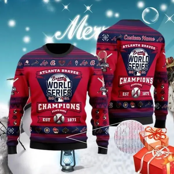 Atlanta Braves Custom Ugly Christmas Sweater, Personalized Name 2021 World Series Champions Holiday Sweater, MLB Baseball Fan Xmas Sweater