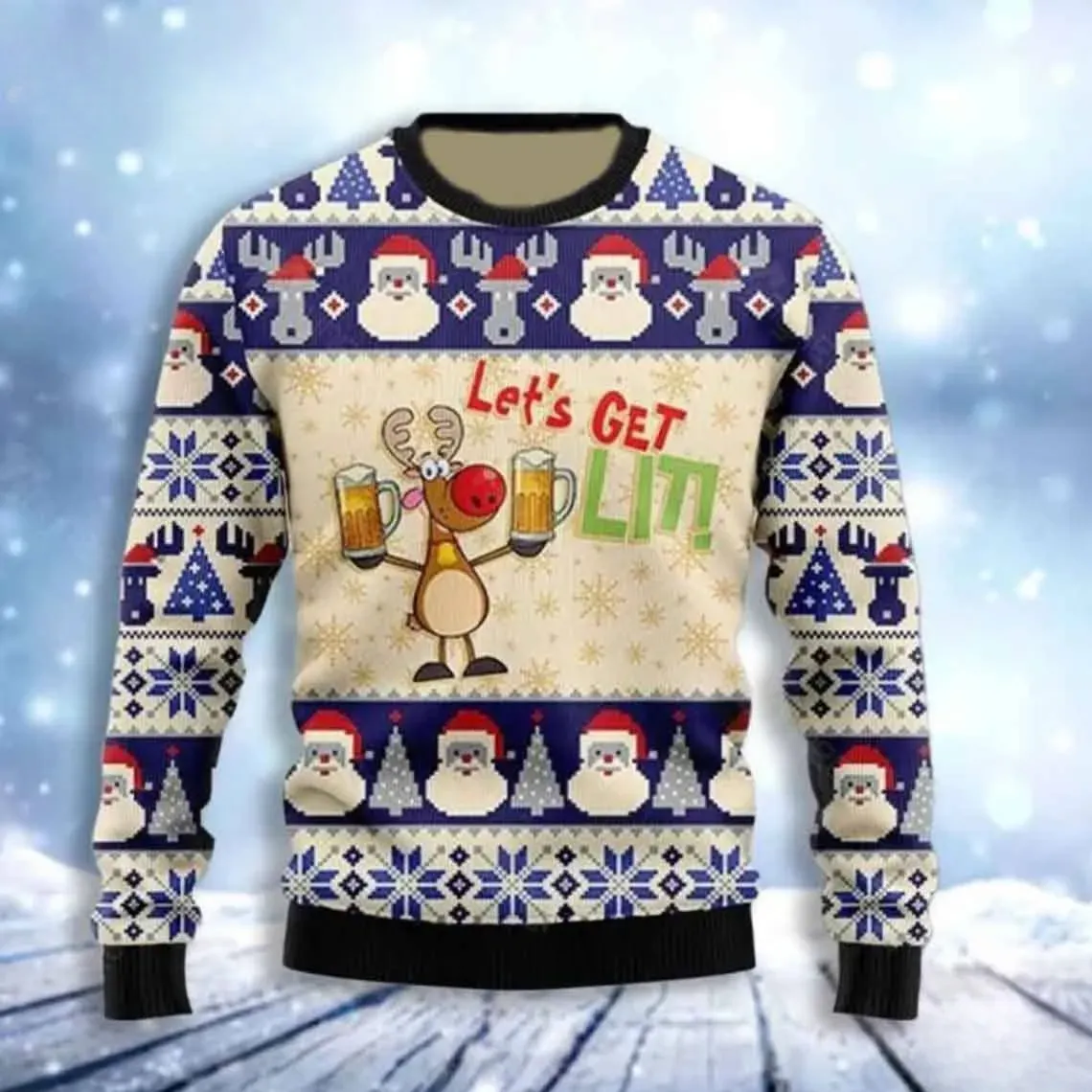 Beer Lover Let's Get Lit Ugly Christmas Sweater, Funny Reindeer with Frothy Mugs Holiday Sweater, Drinking Party Unisex Xmas Sweatshirt