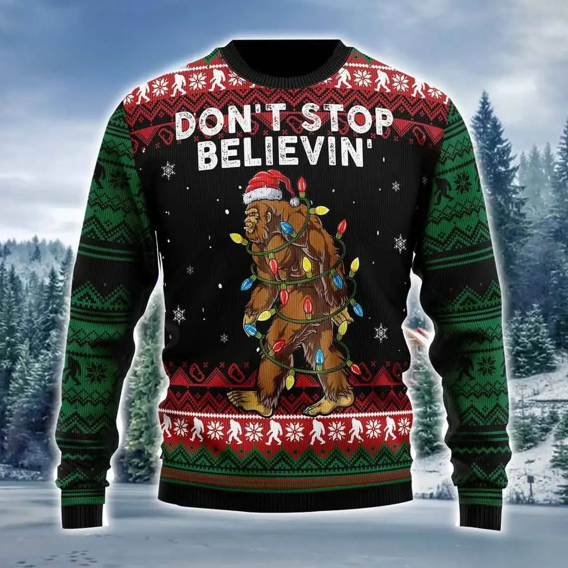 Bigfoot Don't Stop Believing Christmas Ugly Sweater, Sasquatch Wrapped in Holiday Lights, Funny Cryptid Xmas Sweatshirt, Unisex Believer Jumper