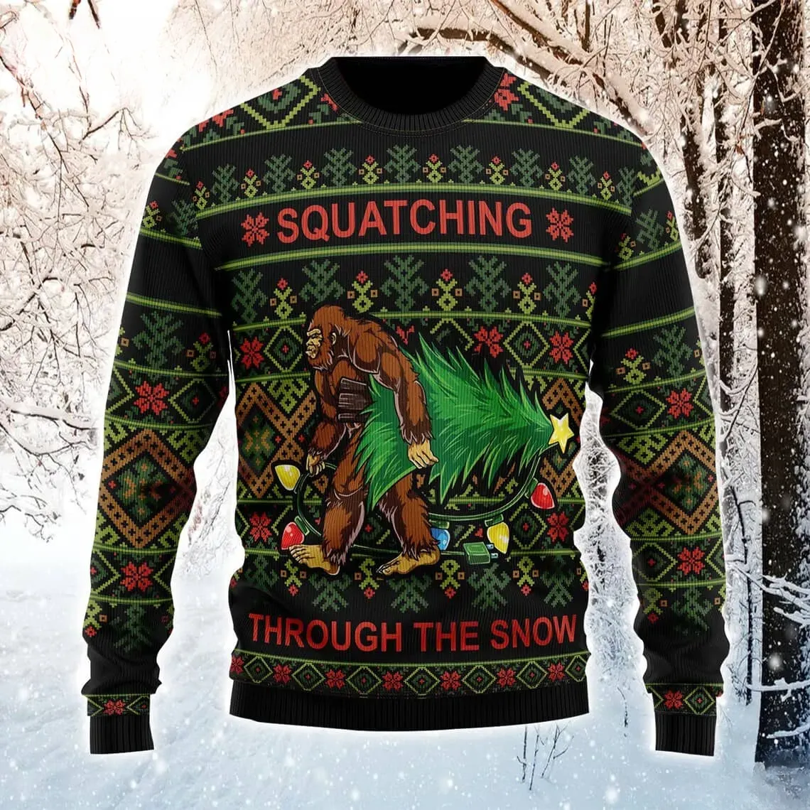 Bigfoot Squatching Through The Snow Ugly Sweater, Sasquatch Carrying Christmas Tree, Funny Cryptid Holiday Sweater, Unisex Xmas Sweatshirt