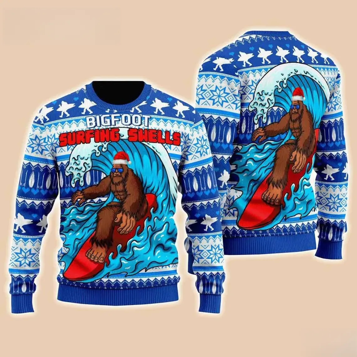 Bigfoot Surfing Swells Ugly Christmas Sweater, Sasquatch in Santa Hat Riding a Wave, Funny Beach Surfer Holiday Sweatshirt, Unisex Xmas Jumper