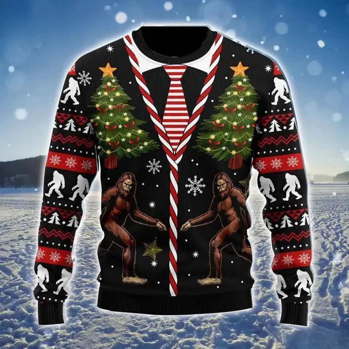 Bigfoot Christmas Tree Ugly Sweater, Sasquatch Faux Suit with Candy Cane Tie, Funny Cryptid Believer Holiday Sweatshirt, Unisex Xmas Jumper
