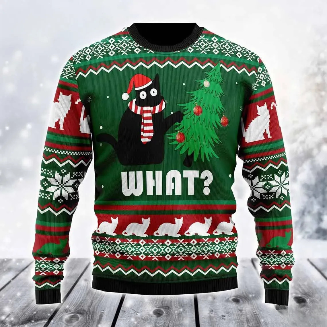 Black Cat What Meme Ugly Christmas Sweater, Funny Kitty Pushing Over the Tree Holiday Sweater, Pet Owner Unisex Xmas Sweatshirt
