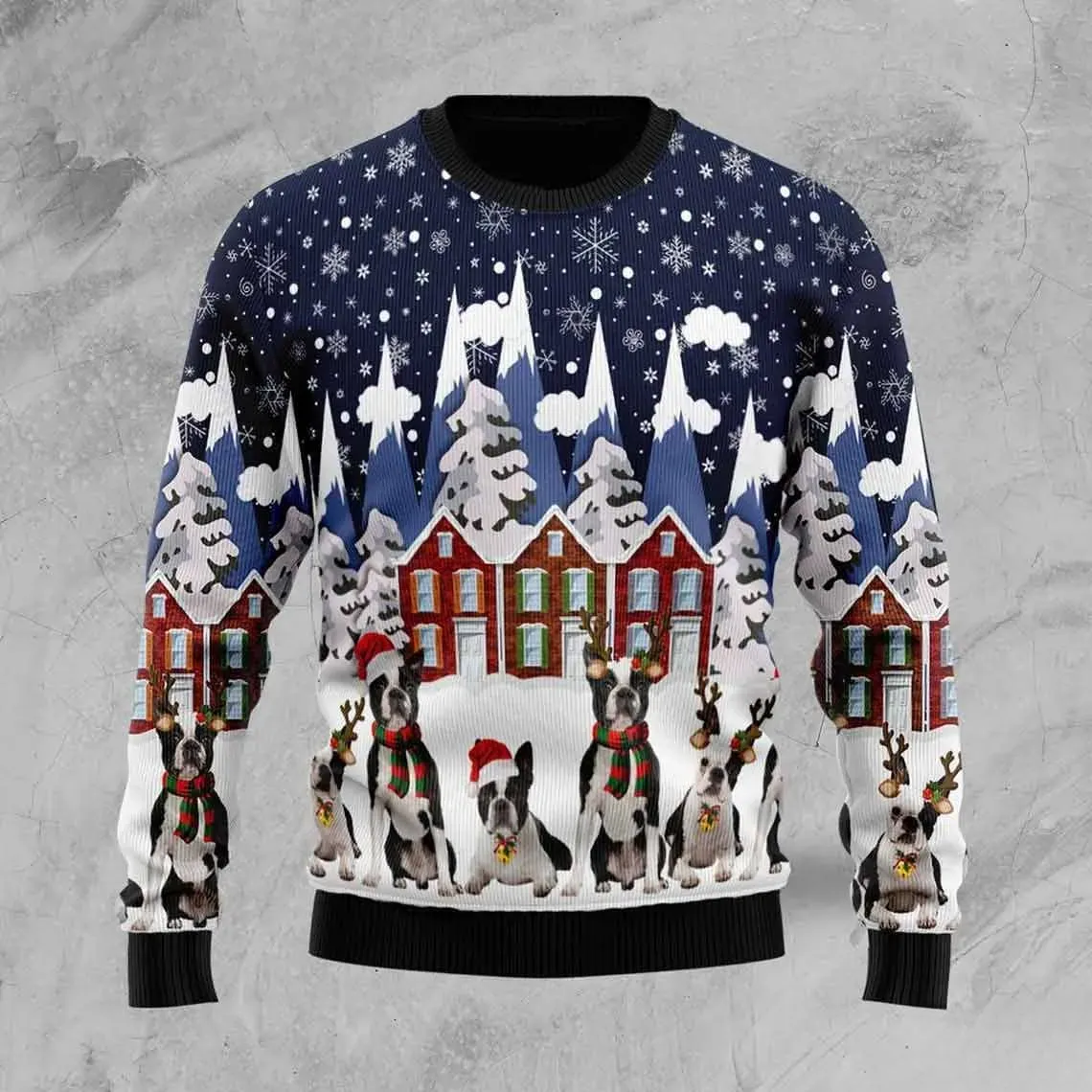 Boston Terrier Family Ugly Christmas Sweater, Dogs with Reindeer Antlers in Snowy Village, Dog Lover Holiday Sweatshirt, Unisex Xmas Jumper