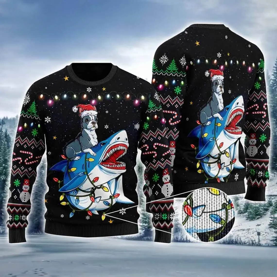 Boston Terrier Shark Christmas Ugly Sweater, Santa Hat Pup Riding Through Holiday Lights, Funny Dog Lover Xmas Sweatshirt, Unisex Jumper