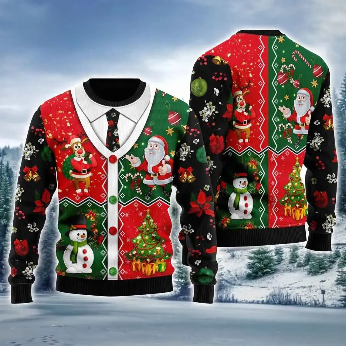 Santa Claus Ugly Christmas Sweater, Faux Cardigan Vest and Tie Print, Reindeer Snowman and Tree Holiday Sweater, Unisex Xmas Party Sweatshirt
