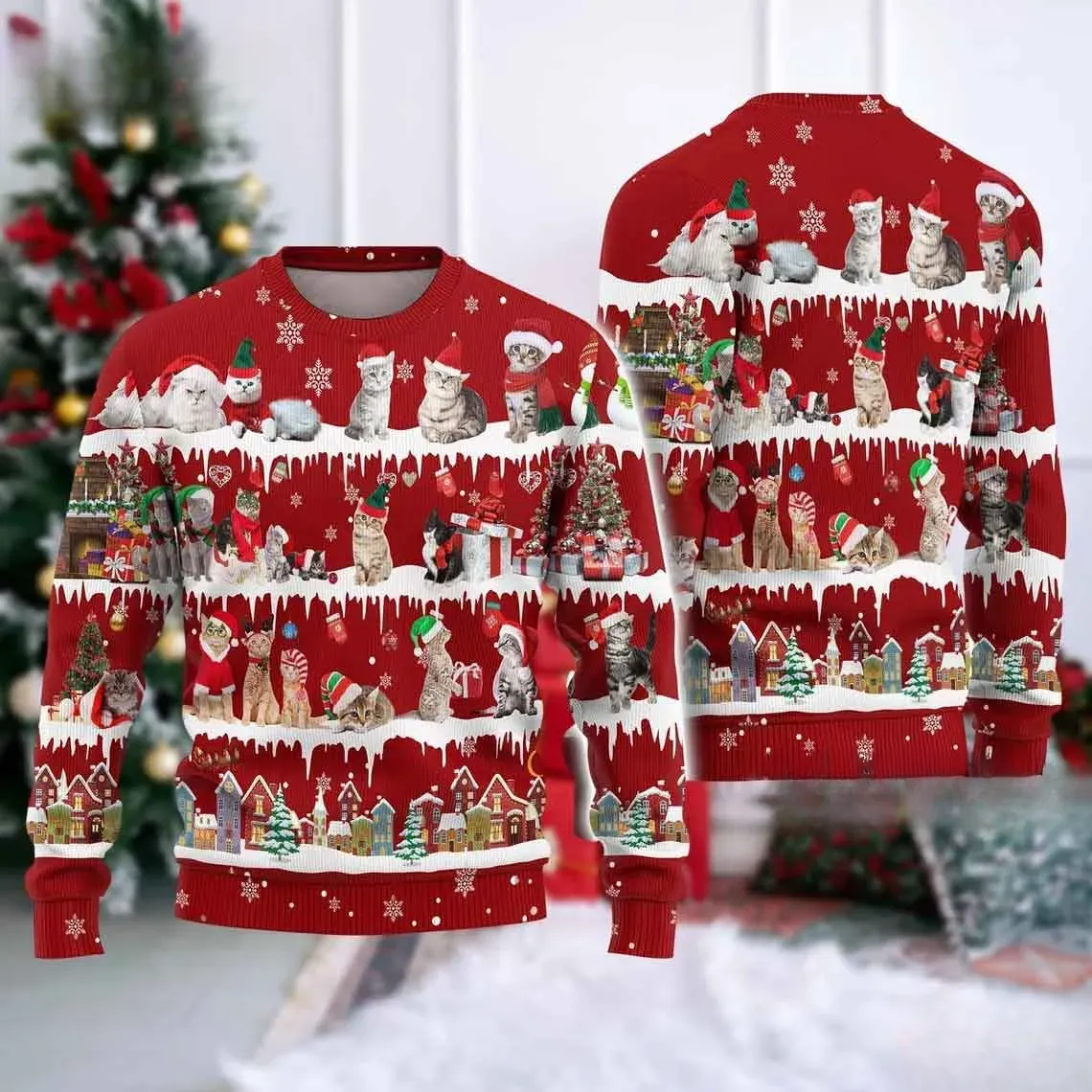 Cat Lover Christmas Ugly Sweater, Kittens in Santa Hats Holiday Sweater, Red Snowy Village Xmas Sweatshirt, Unisex Sweatshirt for Kitty Moms