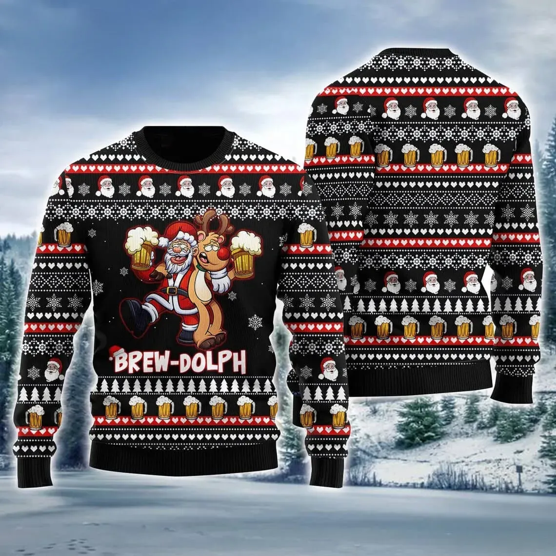 Brewdolph Reindeer Santa Drink Beer Ugly Sweater, Funny Brew-Dolph Christmas Sweater, Drinking Buddies Holiday Sweatshirt, Unisex Xmas Party Top