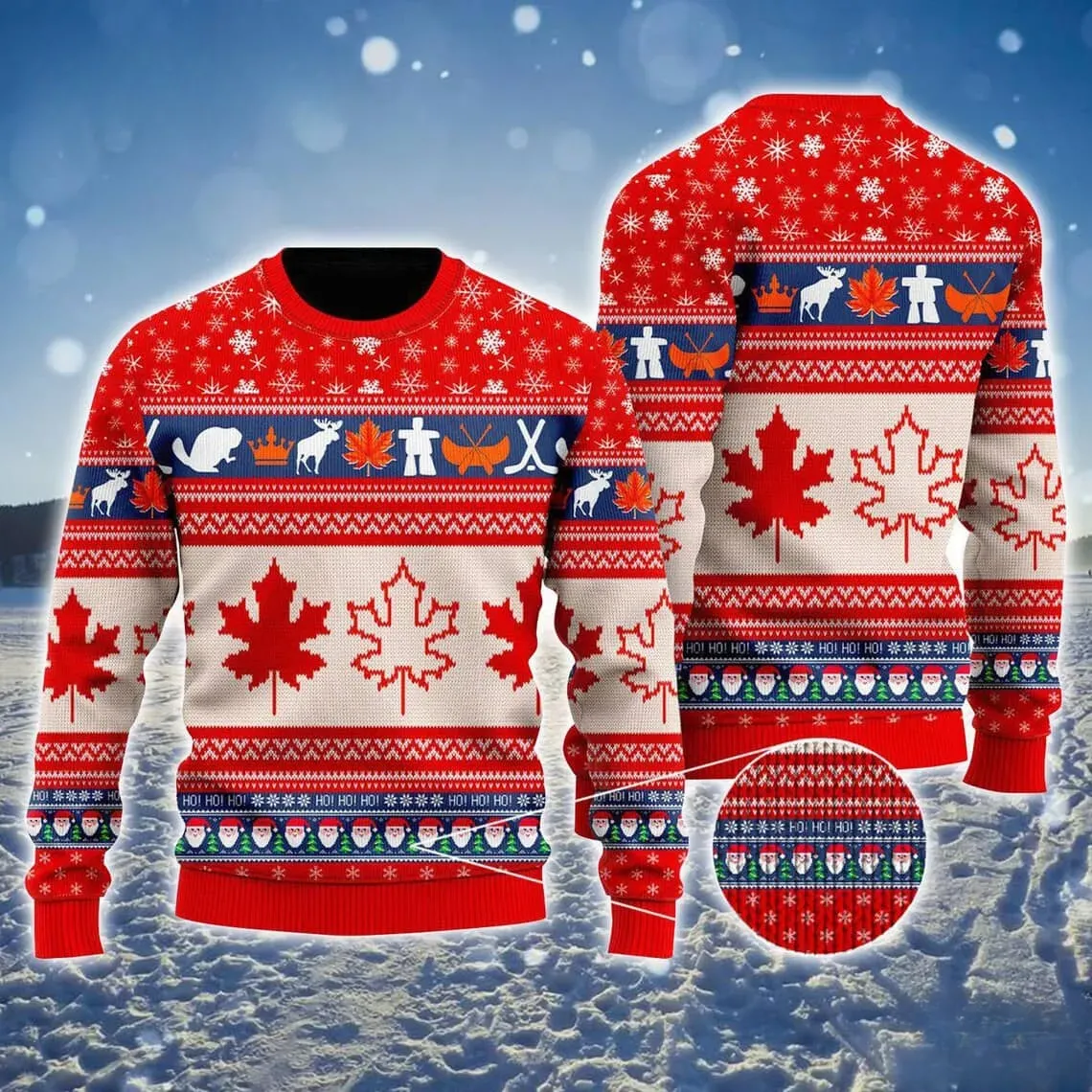 Canada Maple Leaf Ugly Christmas Sweater, Canadian Pride Holiday Sweatshirt with Moose, Beaver and Hockey Sticks, Xmas Sweater for Canadians