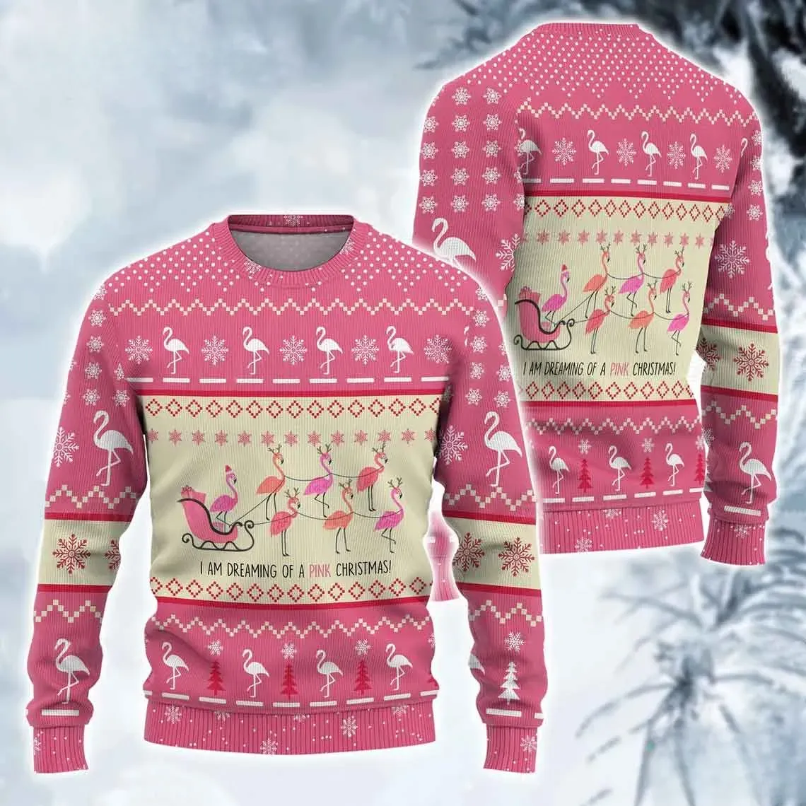 Flamingo Pink Christmas Ugly Sweater, I Am Dreaming of a Pink Christmas Holiday Sweatshirt, Flamingos Pulling Santa Sleigh Xmas Sweater for Her