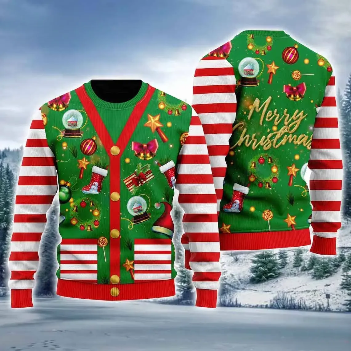 Christmas Candy Cardigan Style Ugly Sweater, Faux Elf Vest with Candy Cane Stripe Sleeves Holiday Sweatshirt, Funny Xmas Party Costume